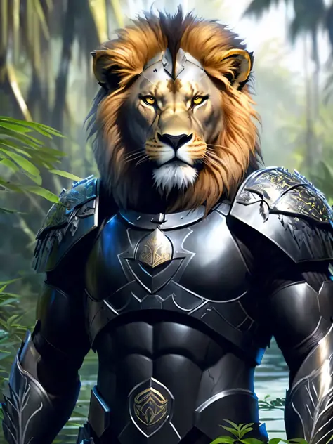 Arafed male lion in armor standing in a jungle, lion warrior, jungle lord, jungle king, beast lord, golden cat armor knight, aslan, lion, 2 d full-body lion, lion body, wearing intricate skin armor, armored warrior, wearing golden cat armor, armored warrio...