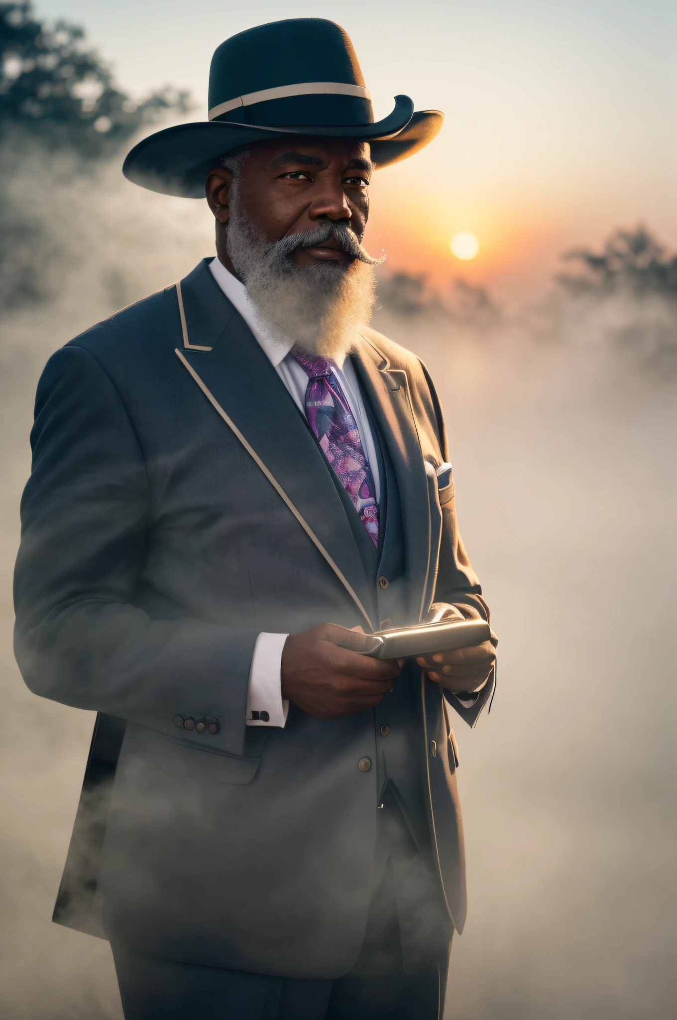 portrait of elderly black man in suit with trimmed white beard, smirking at camera, briefcase in hand
(fantasy whimsical:1.4)
(photo photogenic photorealistic
misty foggy
dusk
reflections bloom glow hdr intricate detail 8k composition dof rule of thirds aesthetic sharp focus dof
:1.2)