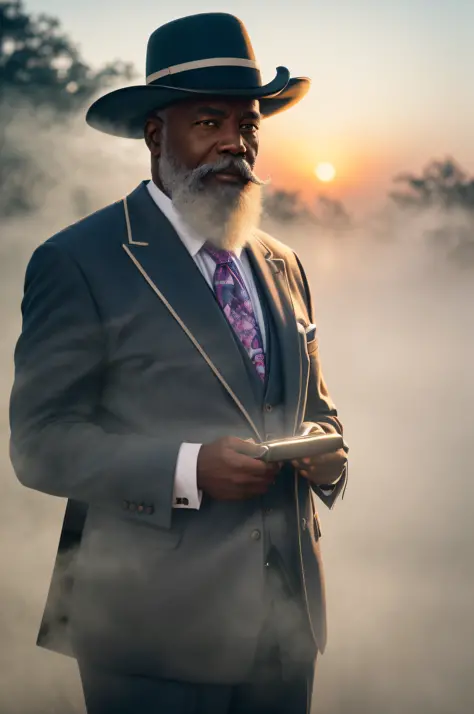 portrait of elderly black man in suit with trimmed white beard, smirking at camera, briefcase in hand
(fantasy whimsical:1.4)
(photo photogenic photorealistic
misty foggy
dusk
reflections bloom glow hdr intricate detail 8k composition dof rule of thirds ae...