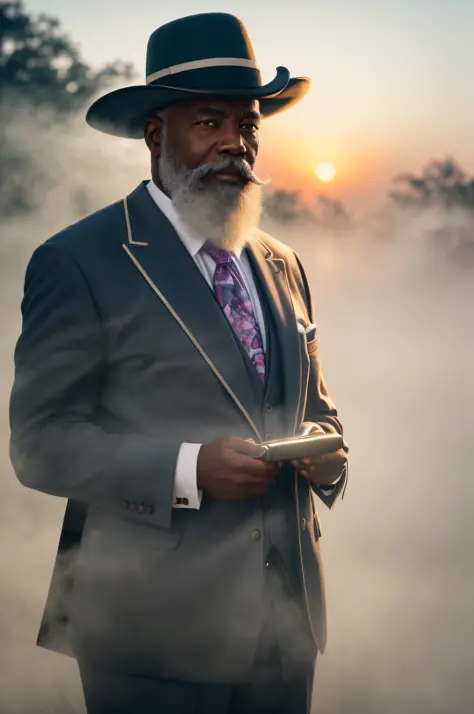 portrait of elderly black man in suit with trimmed white beard, smirking at camera, briefcase in hand
(fantasy whimsical:1.4)
(p...