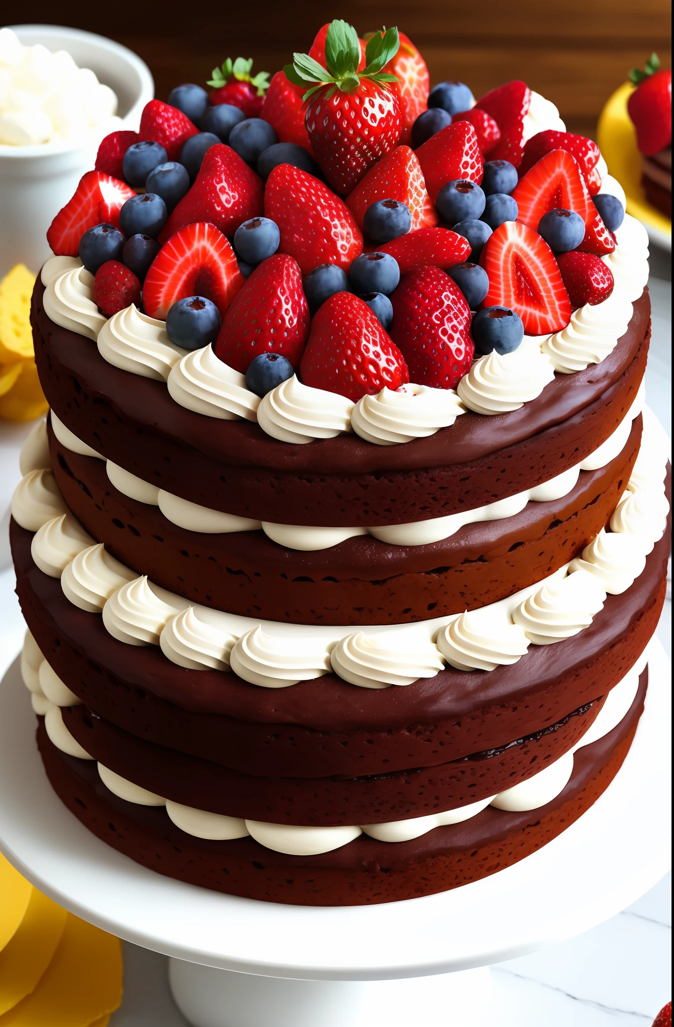 Gâteau au chocolat avec des fraises, des fruits, arrangements joyeux, Réaliste, 8k,