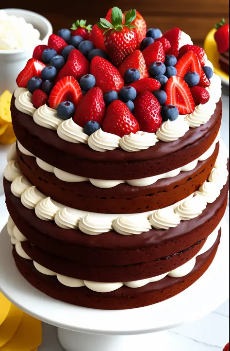 Chocolate cake with strawberries, fruits, cheerful arrangements, realistic, 8k,