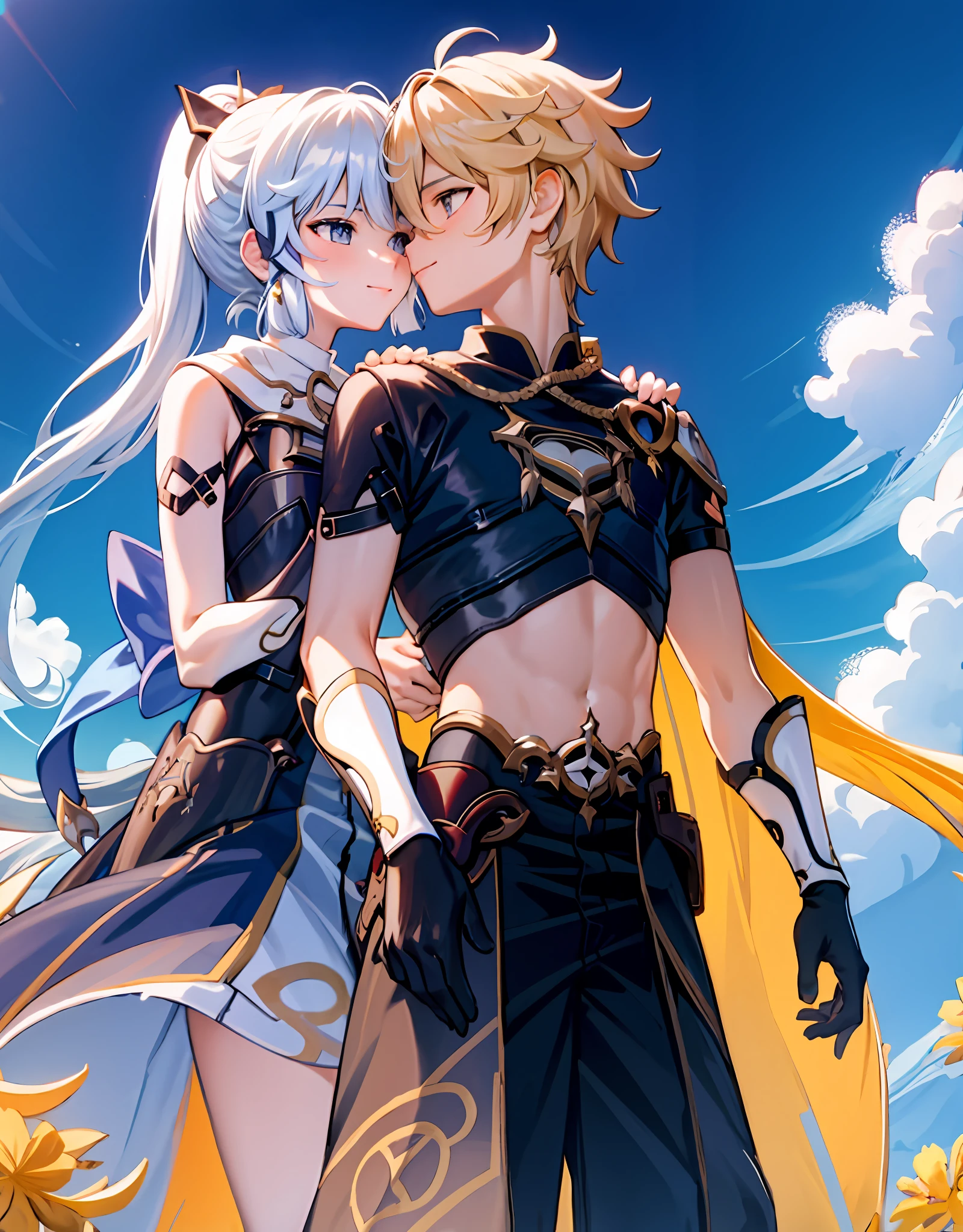 anime couple, aether and ayaka kissing, soft kiss, 1boy 1girl, cute, loving, peck, detailed faces, detailed hair, masterpiece, best quality, aether yellow hair\(genshin impact\), kamisato_ayaka, arm guards, armored dress, breastplate, ayaka hair ornament,cowboy shot,ponytail, blunt bangs,blue eyes, smile, closed mouth, eyebrows visible through hair, long hair, silver hair, big breasts