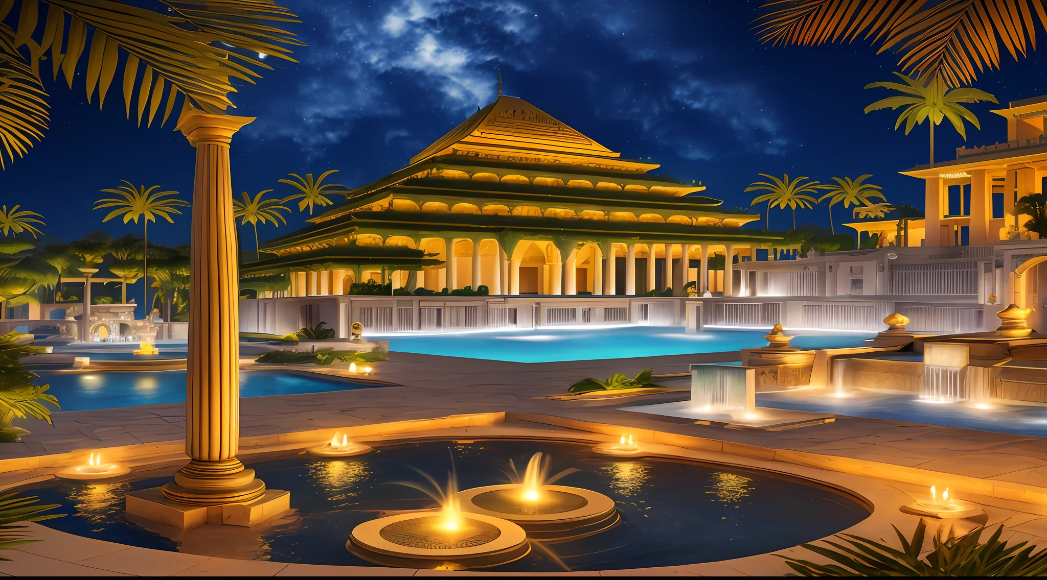 nighttime scene of a palace with a pool and fountain, a pool inside the giant palace, in a futuristic desert palace, futuristic persian palace, huge futuristic temple city, very detailed paradise, stuning fantasy 3 d render, beautiful render of tang dynasty, egyptian setting, futuristic palace, with palm trees and columns, galactic temple, background art deco palace, water temple