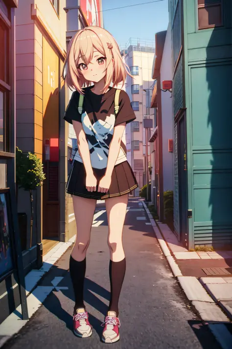 anime girl standing in the middle of a street with a sign, realistic anime 3 d style, standing in street, anime style. 8k, stand...