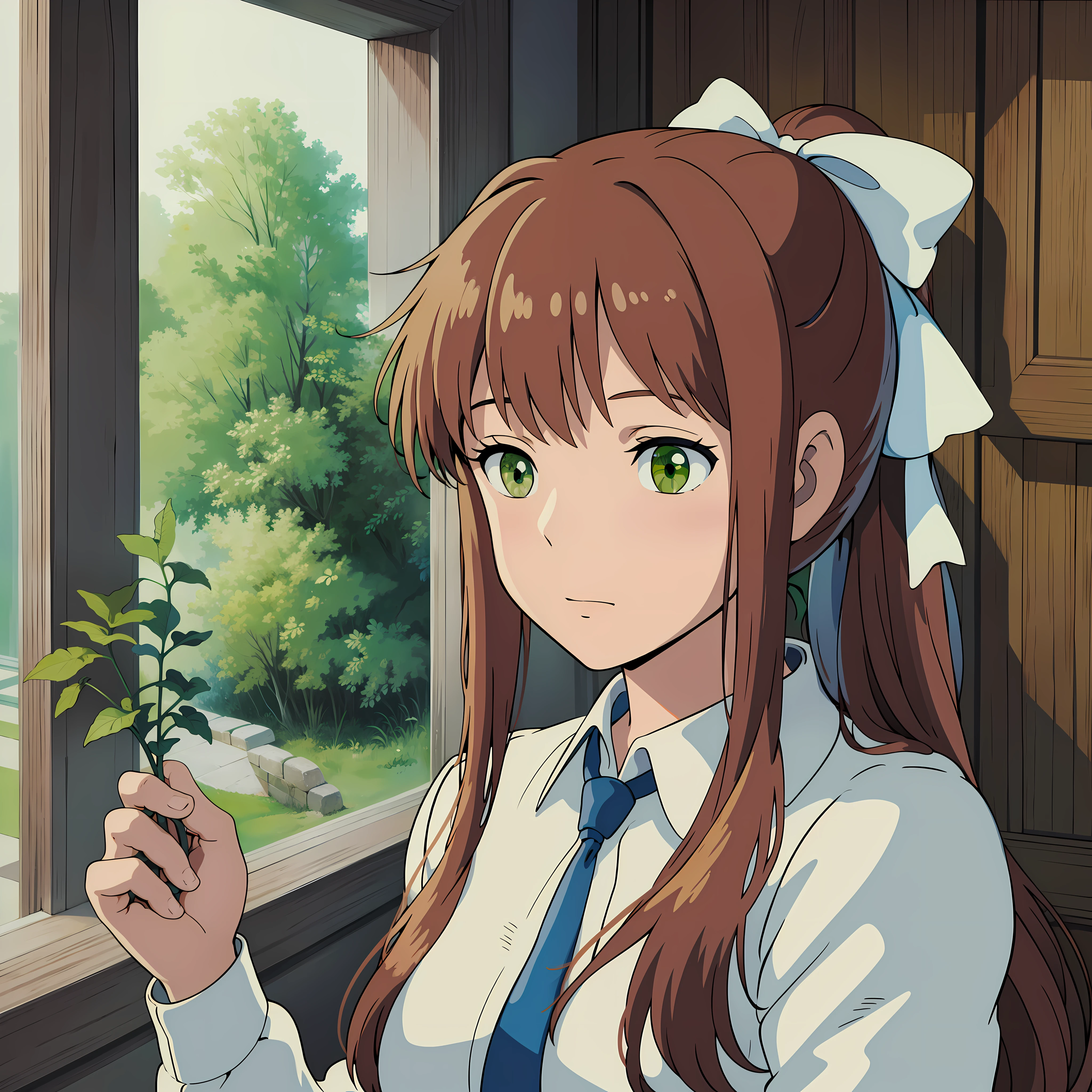 monika, green eyes, brown hair, very long hair, ponytail, hair ribbon, white ribbon, school uniform, ghibli style