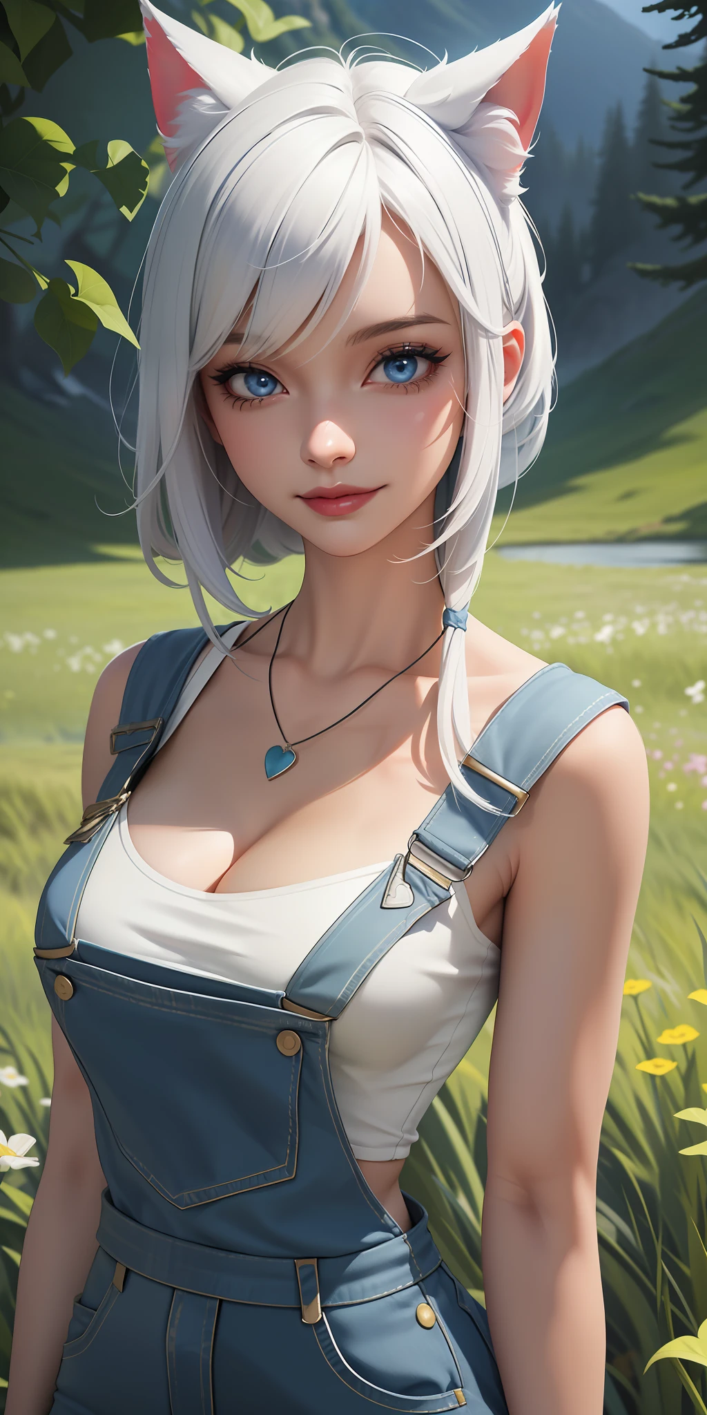 (masterpiece:1.2, best quality), (1lady, solo, upper body:1.2), small tits, dark makeup, Face close-up, Smile, (white hair), blue eyes, cat ears, (blue overalls), (dark lipstick), miqote, final fantasy xiv, ((seductive)), nipple outline, (bangs), blue heart necklace, cleavage, wearing no shirt
BREAK
Behind her, a green forest stretches out and beyond that, mountains rise in the distance.
BREAK
The most suitable effect for this scene would be a watercolor painting technique to capture the softness of the meadow and the fluidity of the movement.