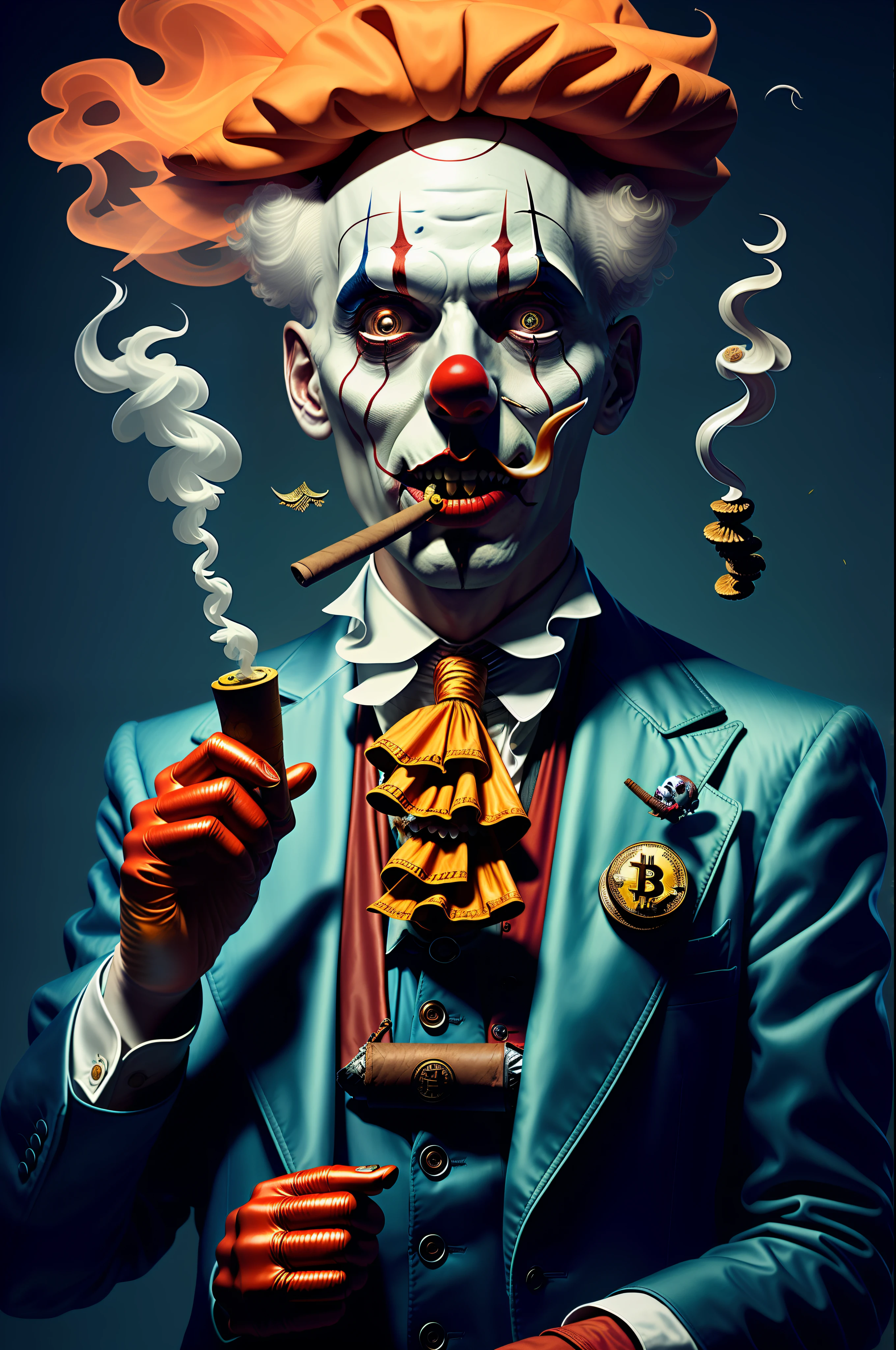 Clown smoking a cigar and smoking a cigarette in a suit - SeaArt AI