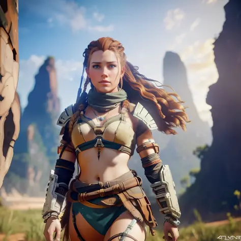 (Cinematic photo: 1. 3), ALOY (Horizon Zero Dawn) car hunter and hunter, ((full-length)), freckles on cheeks and nose, (large br...