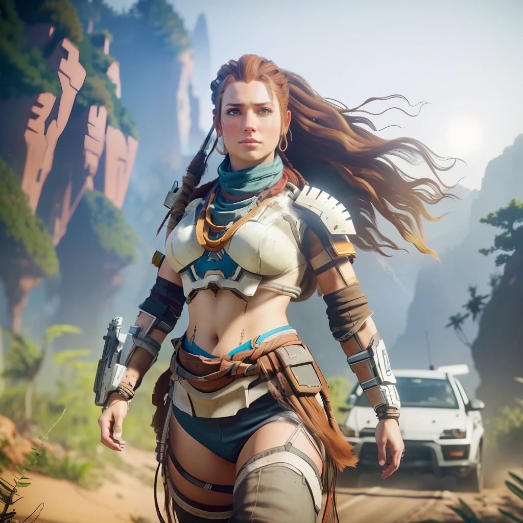 (Cinematic photo: 1. 3), ALOY (Horizon Zero Dawn) car hunter and hunter, ((full-length)), freckles on cheeks and nose, (large breasts), big ass emphasized, beautiful face, deep realism, realistic hair, detailed skin, depth of field, against Tar Cliff, perfectly symmetrical face, realistic proportions, complex, abstract, directional look, cinematic composition, super detailed, realistic, hyper-realistic, volumetric lighting, high-quality digital painting 8k, in the trend for artstation, Style-RustMagic, (beautiful: 1. 4),(attractive: 1.3), beautiful, running on the street of Rio de Janeiro - --auto --s2