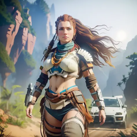 (Cinematic photo: 1. 3), ALOY (Horizon Zero Dawn) car hunter and hunter, ((full-length)), freckles on cheeks and nose, (large br...