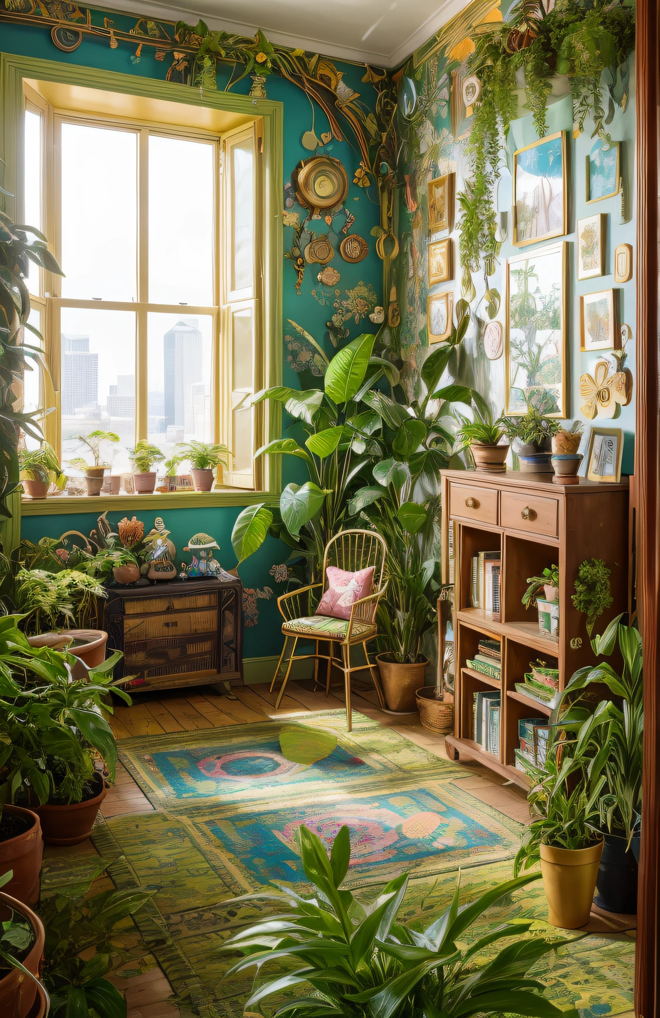 Foto do Architectural Digest de um {onda de vapor/steampunk/solarpunk} ((criança&#39;quarto)) verde maximalista com flores e plantas, Luz dourada, surrealismo hiper-realista, obra-prima premiada com detalhes incríveis, epicamente deslumbrante