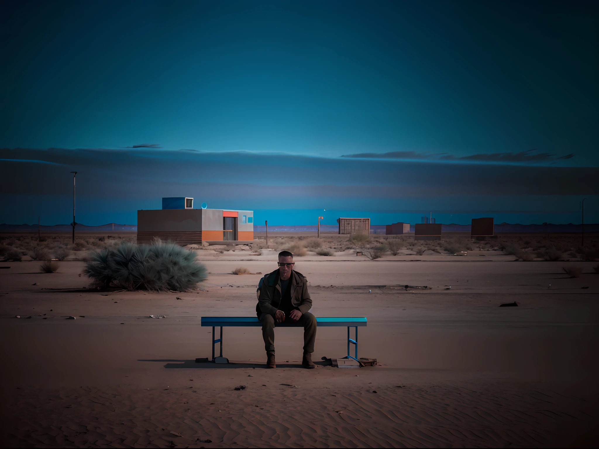 young man sitting on a square bench, totally alone and isolated, with desert background, russianebenya, cyberpunk, dark night, film still, 80mm lens, masterpiece, best quality, (film grain: 1.1), ultra high res, RAW