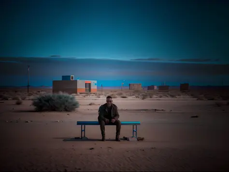 young man sitting on a square bench, totally alone and isolated, with desert background, russianebenya, cyberpunk, dark night, f...