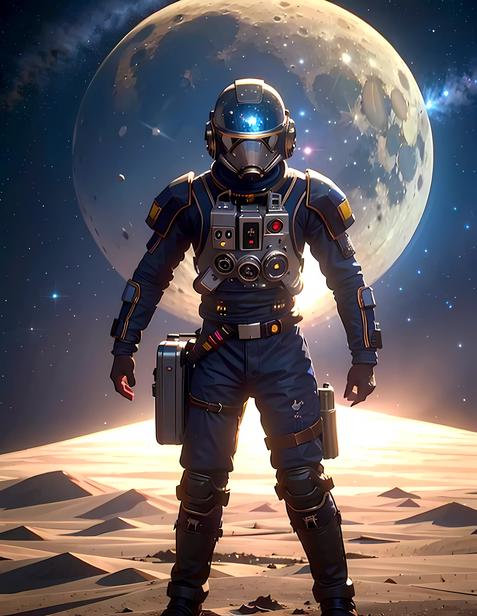 astronaut, george lucas style, walking on the lunar surface, intricate spacesuit, helmet with mirrored viewfinder, detailed landscape of the moon in the background, mysterious monoliths in the background, starry sky, wide view, sharp focus, dramatic lighting, by george lucas, star wars movie, award-winning, best quality, ultrahd wallpaper 8k 4k, concept art, trend on artstation