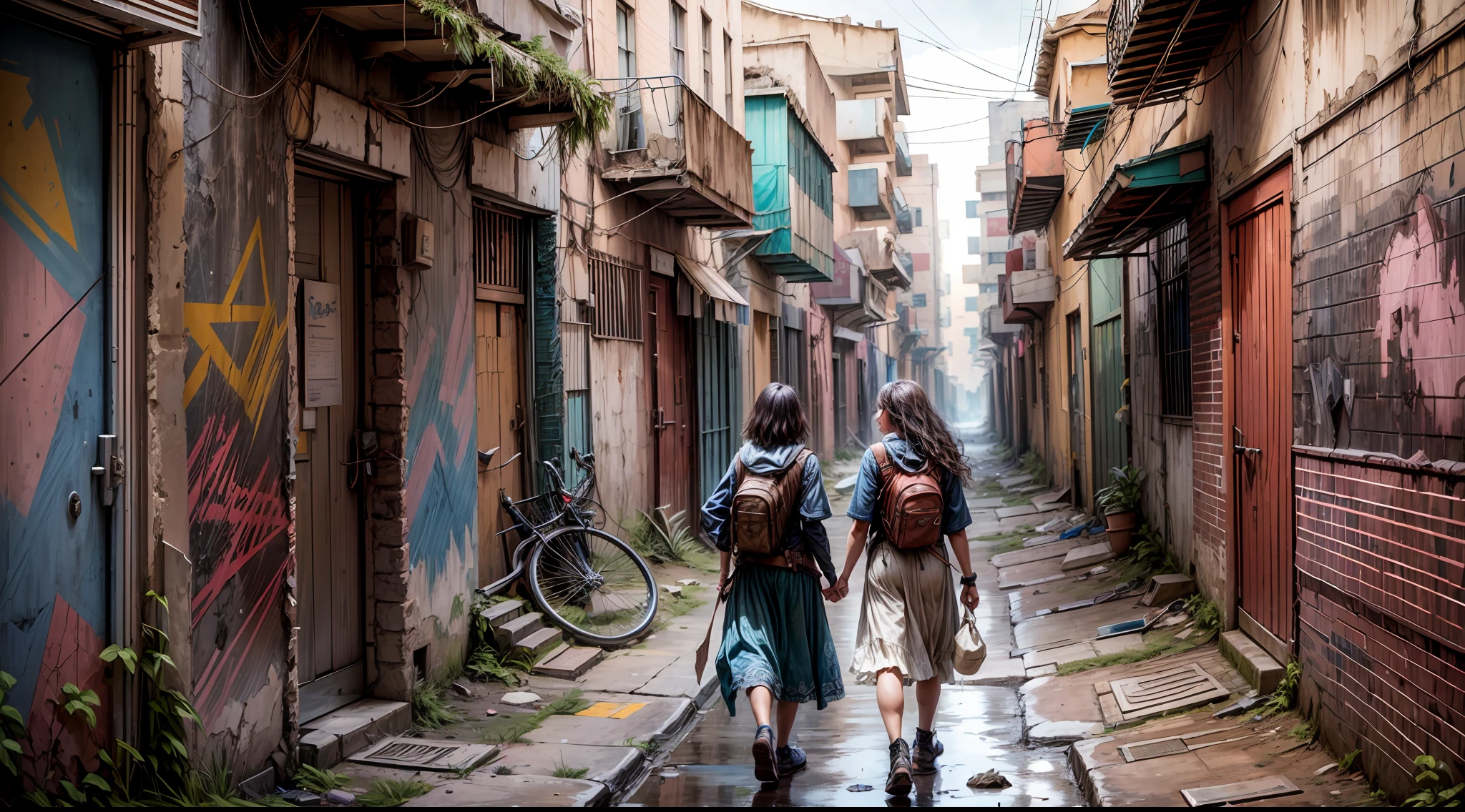 Two women, a mother and her teenage daughter, navigate a narrow, dirty ...