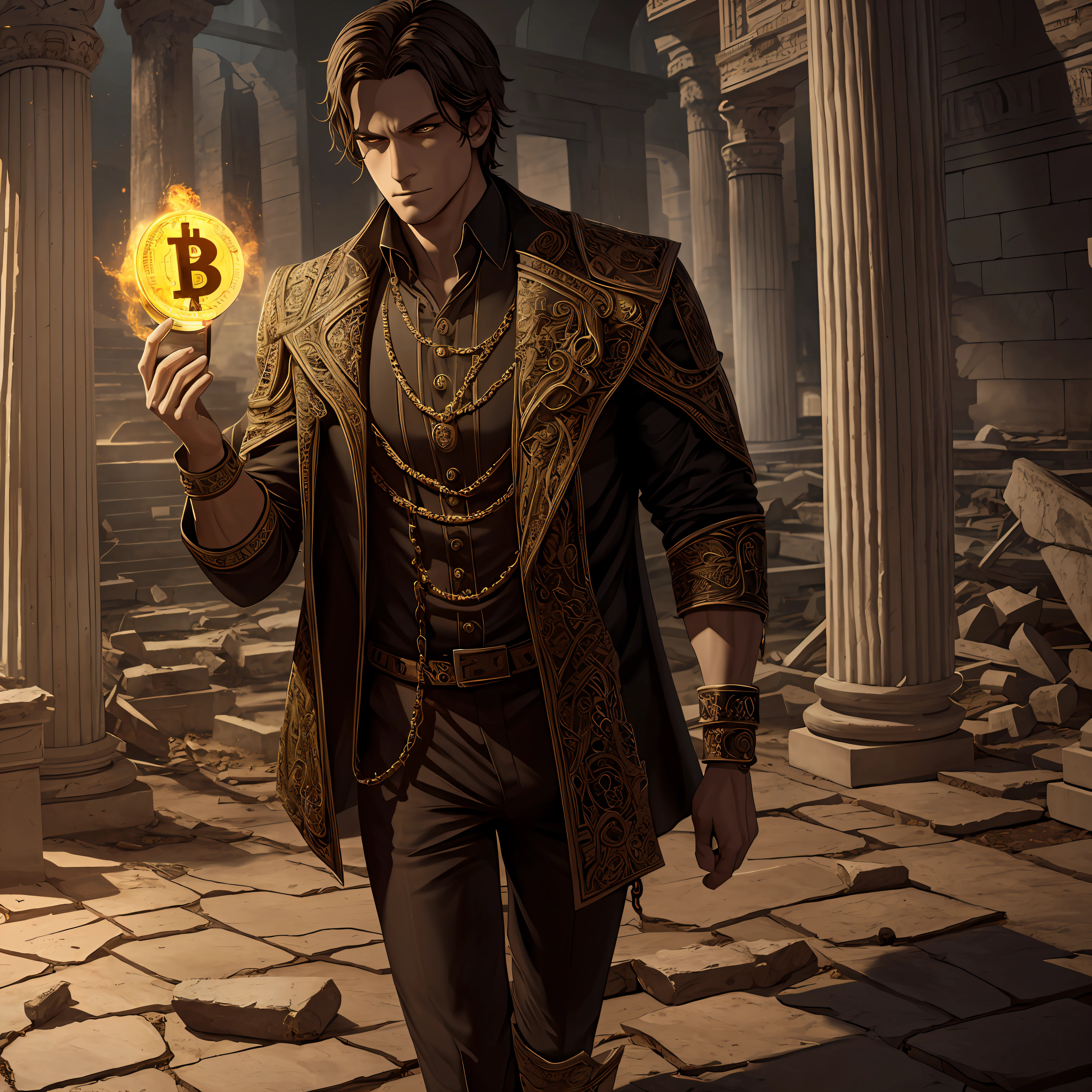 (extremely detailed 8k wallpaper),a medium shot photo of a fearful necromancer, Intricate, High Detail, dramatic, holding a glowing bitcoin on left hand, walking inside ancient ruin