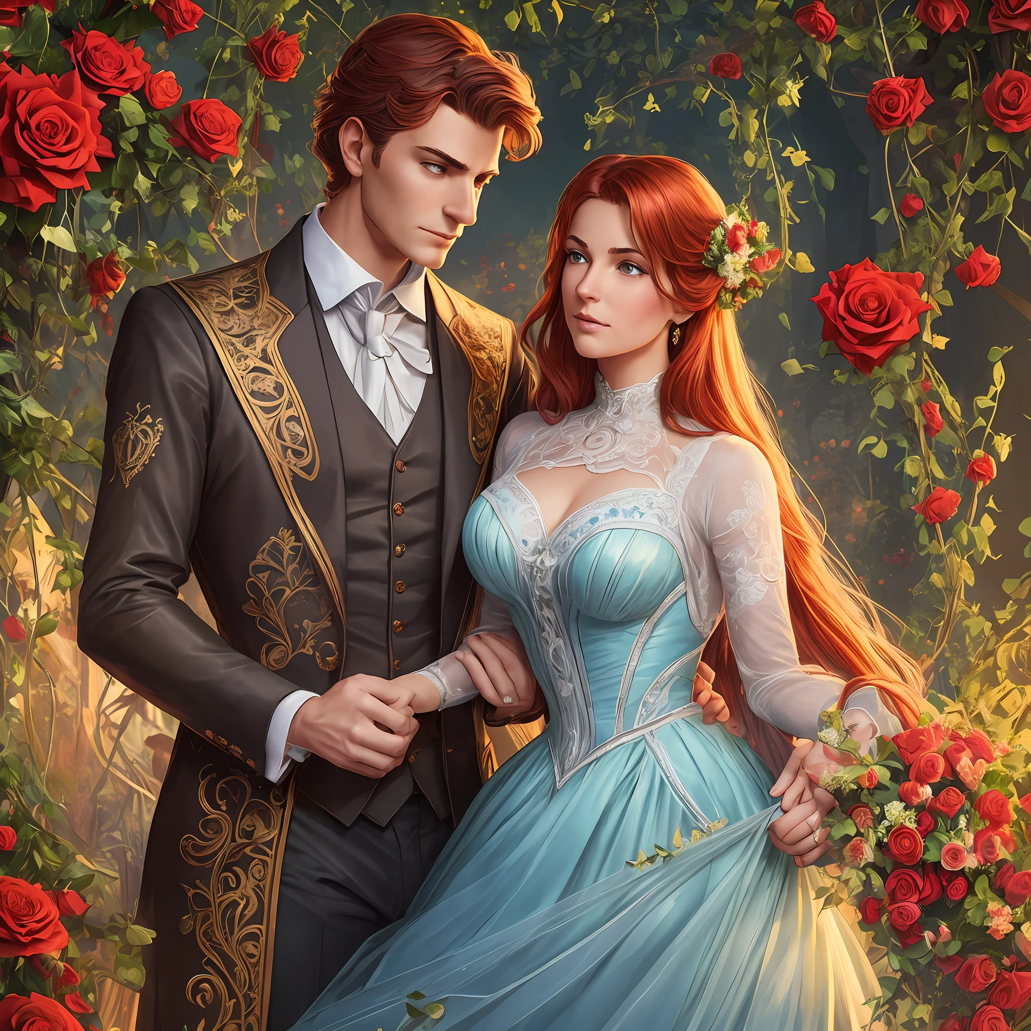 ((Casal vitoriano)), homem loiro de terno escuro, mulher ruiva de vestido azul claro, Romance, realista, rosto detalhados, obra de arte, 8K, Ultra-detalhado, photorealista, melhor qualidade, illustration of a Romance book cover with a detailed, suave, fundo brilhante cheio de flores cobertas de hera e rosas vermelhas, vestido ornamentado em pé sobre um mar de rosas,  luz de aro, Iluminação dinâmica, iluminação etérea, ultra detalhe, arte conceitual, elegante, Surreal, arte de Lisa Aisato, Greg Hildebrandt, Citemer Liu, Stjepan Sejić, Samyang, Aykut Aydogdu, Justin Gerard, Alphonse Mucha, Artgerm, WLOP e Greg Rutkowski, rosto detalhado, --auto --s2