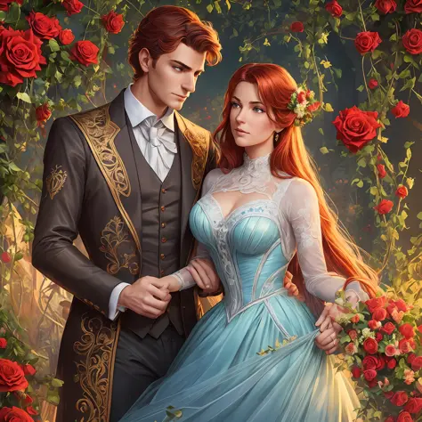 ((Victorian couple)), blonde man with dark suit, red-haired woman in light blue dress, romance, realistic, detailed faces, artwo...