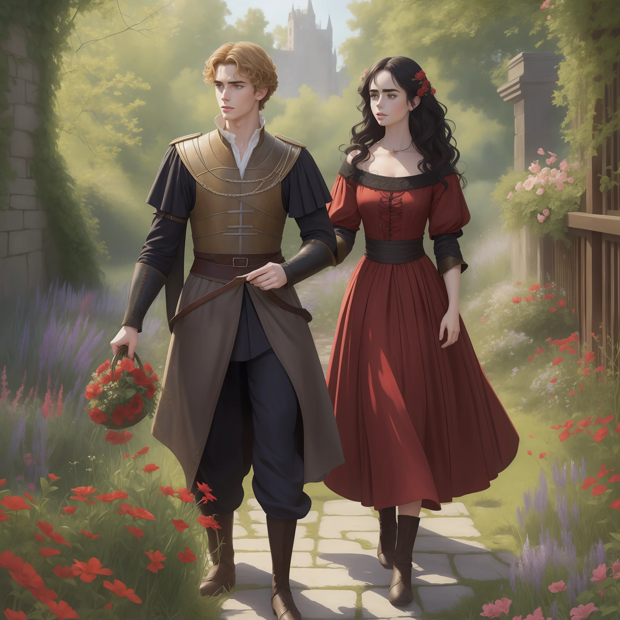 Lily Collins with curly black hair, in a faded red medieval dress, picking flowers in a garden; being watched by Prince Neels Visser who has blonde hair dressed in medieval military prince uniform, romance book scene, masterpiece, best quality, ultra-detailed, illustration, beautiful picture