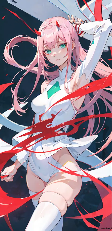 zero two \(darling in franxx\), darling in franxx, 1girl, bangs, bite, shadow, green eyes, hair behind head, horns, long hair, l...