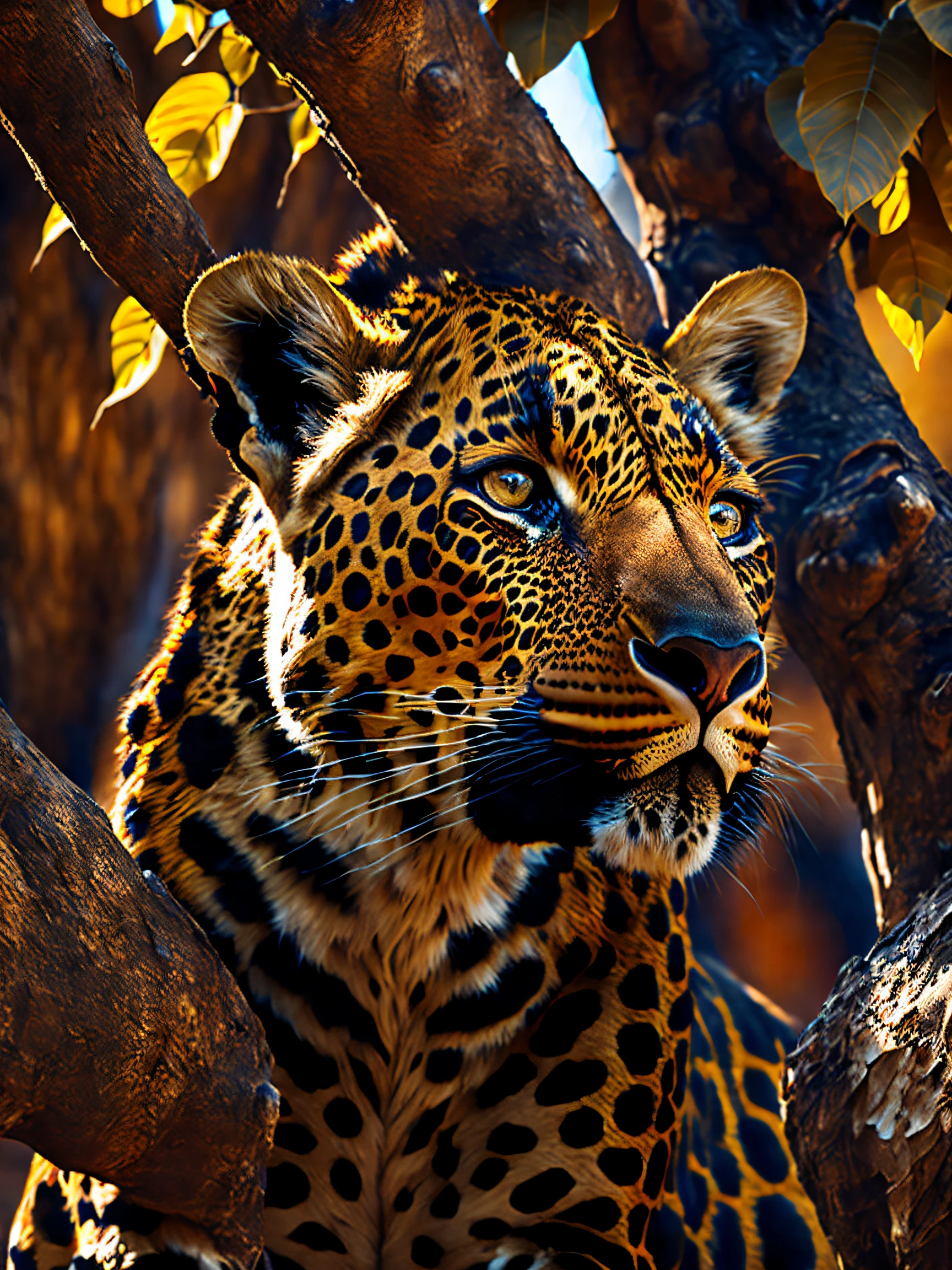 Un leopardo durmiendo en las ramas de un árbol en la sabana., Clima cálido y soleado, Realista, detallado, 8k, estilo de contraste to8, Fotografía discreta, fotografía, destello de lente, Documental de la vida salvaje, colores vívidos, cámara sin espejo Sony a6600, embellecer2