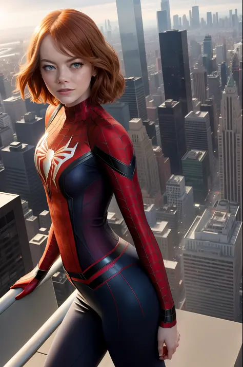 Emma Stone, beauty, Spider-Man clothes, full body photo, prominent figure, standing on the edge of a skyscraper, photo (Masterpiece) (Best quality) (Detail) (8K) (HD) (Wallpaper) (Cinematic lighting) (Sharp focus) (Intricate), sexy, best quality, ultra hig...