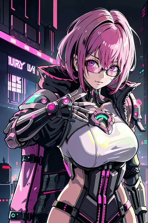 1girl, close-up, intricate details, (cyberpunk:1.4), mechanical arms, glasses, messy hair, (shiny neon armor:1.2), machines, bla...