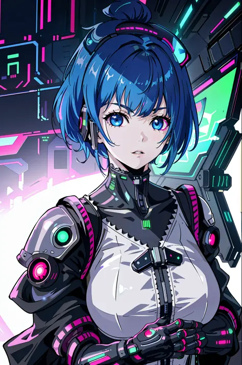 1girl, close-up, intricate details, (cyberpunk:1.4), mechanical arms, stars on shoulder straps, disheveled hair, (shiny neon arm...