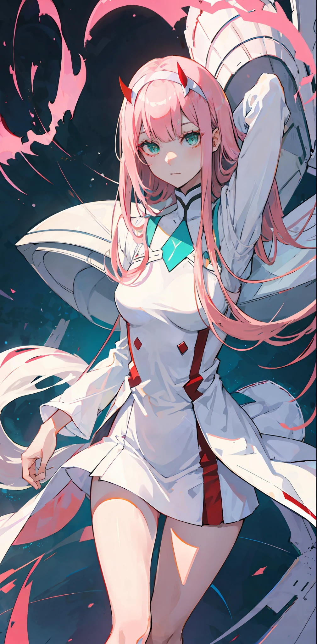 zero two \(darling in franxx\), darling in franxx, 1girl, bangs, bite, shadow, green eyes, hair behind head, horns, long hair, looking at viewer, big thighs, makeup, small breasts, pilot suit, white suit, pink hair, red eyeshadow, science fiction, tight skin, solo