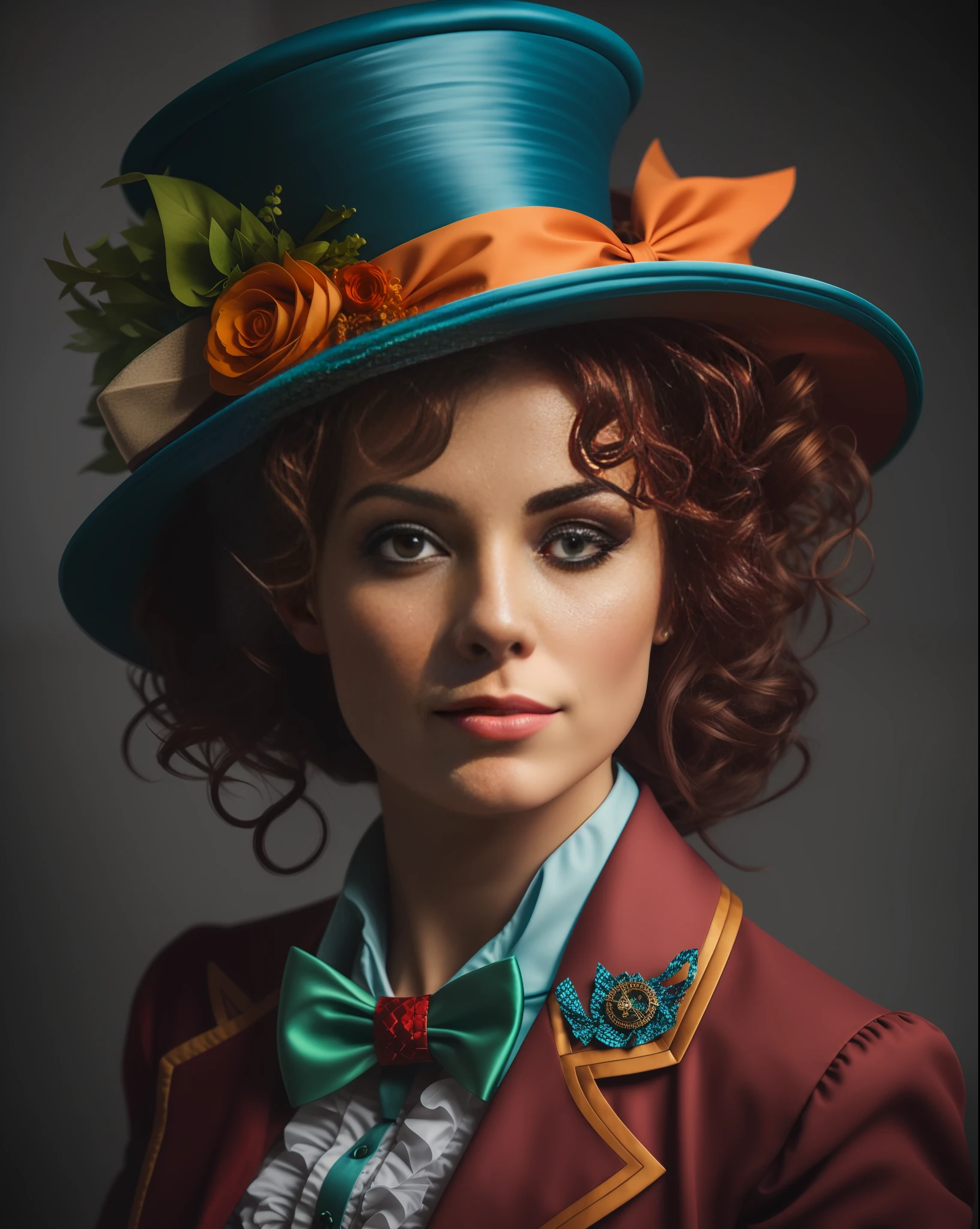 There is a woman with a hat and a bow tie, Female Mad Hatter, Circus Artist Portrait, The Madhatter, Portrait of Alice in Wonderland, Portrait of a Steampunk Ice Lady, The Rad Hatter, Colorful Portrait, Mad Hatter, Portrait 4K Color Photography, The Mad Hatter, Photography Portrait Photography, Editorial Portrait, Portrait Photography 4K, (High Definition Hair),  (high definition body)