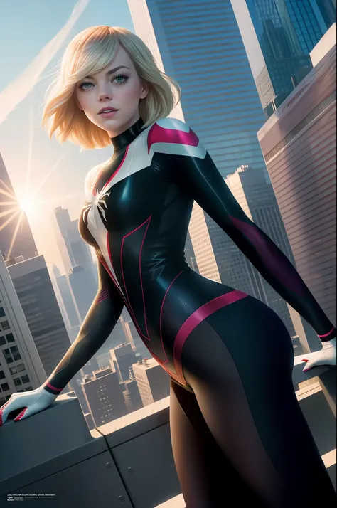 spider woman gwen , sexy open leg , top of tower , golden hour , blone ...