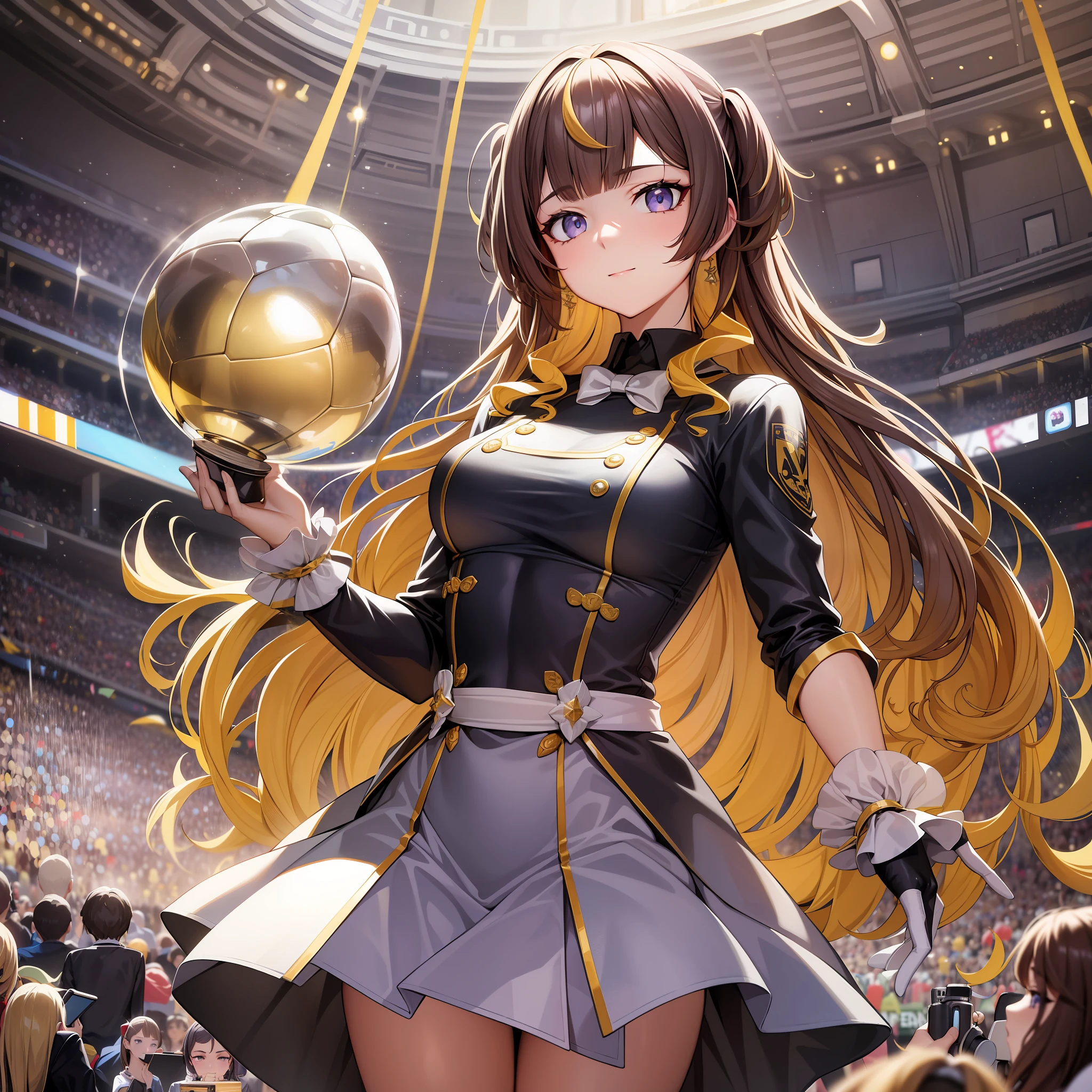 Color photo of Anya Melfissa holding the Ballon d'Or trophy, perfectly detailed and without any errors, with a look of pure joy and excitement on her face. She stands in front of a highly detailed and colorful background of a soccer stadium filled with cheering fans. Her long hair flows elegantly, and she wears a soccer uniform that accentuates her athletic build. The lighting is perfect, casting a soft glow on her face and highlighting her highly detailed features, including her eyes, which are full of emotion. The full-body shot captures her poise and athleticism as she holds the trophy high above her head with both hands. Camera settings include a high-end Canon DSLR with a fast telephoto lens and high-speed color film. Techniques include showcasing the exquisite details of Anya's face, hair, uniform, and the Ballon d'Or trophy she holds, making sure that there are no errors in the design. Directors, cinematographers, photographers, and fashion designers that would unlikely collaborate but would juxtapose uniquely include Quentin Tarantino, Janusz Kaminski, Helmut Newton, and Giorgio Armani. —c 10 —ar