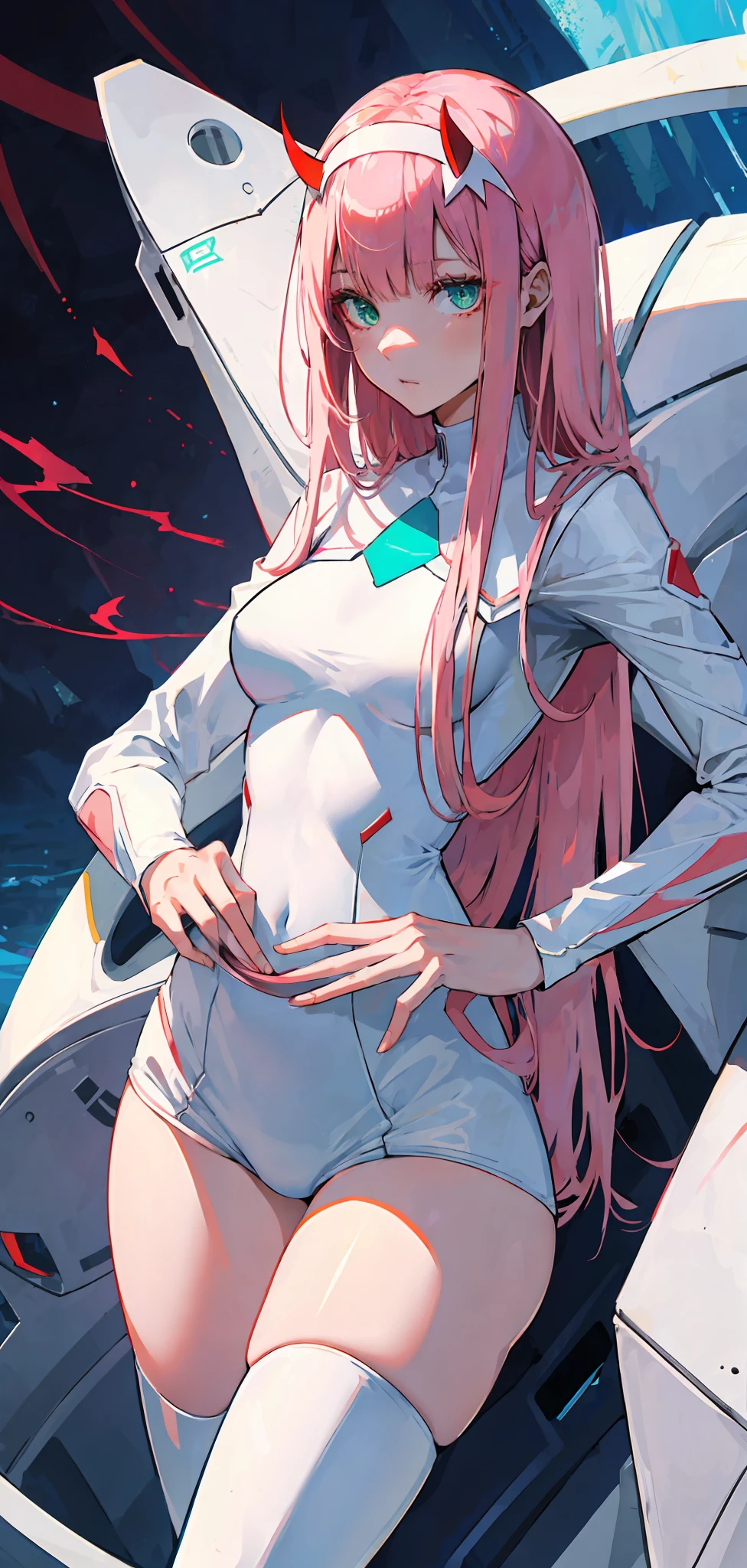 cero dos \(cariño en franxx\), cariño en franxx, 1 chica, Golpes, Morder, sombra, ojos verdes, pelo detrás de la cabeza, cuernos, pelo largo, mirando al espectador, muslos grandes, constituir, senos pequeños, traje de piloto, traje blanco, Cabello rosado, red eyesombra, ciencia ficción, piel apretada, solo