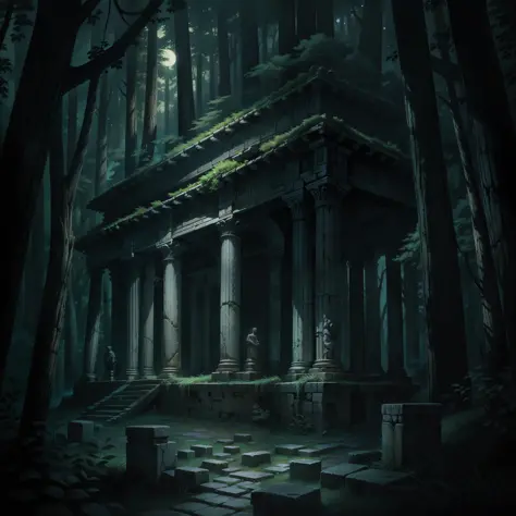 dark forest, greek architecture, ruins, night