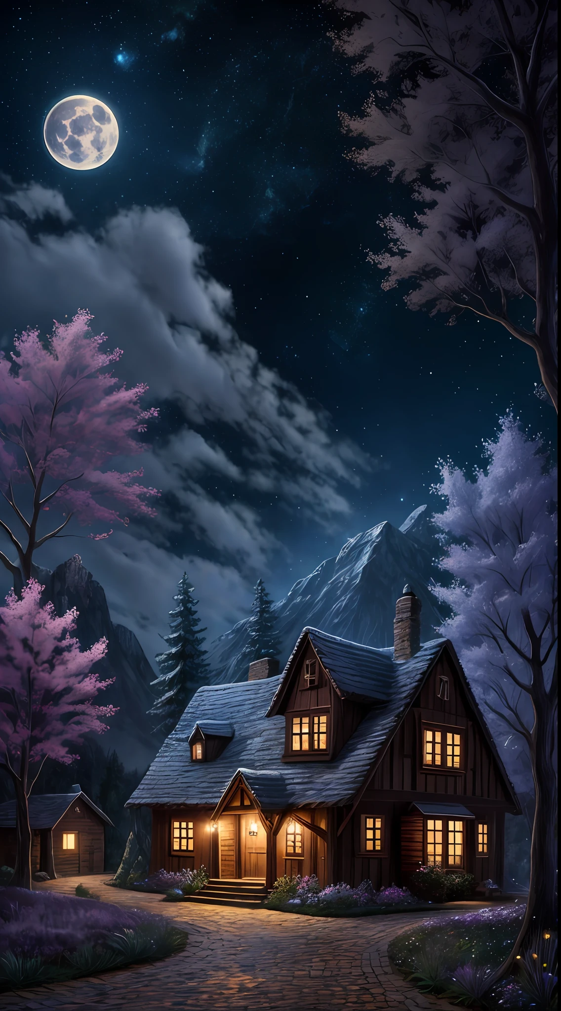 buttons, house, building, hansel and gretel, (realism), (masterpiece), (cinematic lighting), cobblestones, 8k vibrant colors, mountain, scary, flying insect, full body photo of the world's most beautiful artwork, carpet, black background, cute digital art, starry sky, full moon in the sky, lilac light in the house, dry trees around, owl flying in the sky