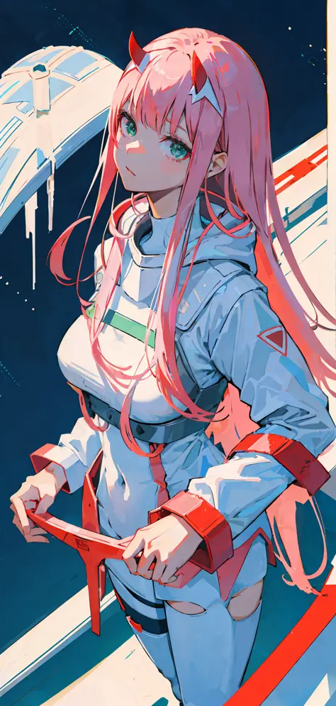 zero two \(darling on franxx\), darling on franxx, 1girl, fringe, bite, shadow, from above, green eyes, hair behind head, horns,...