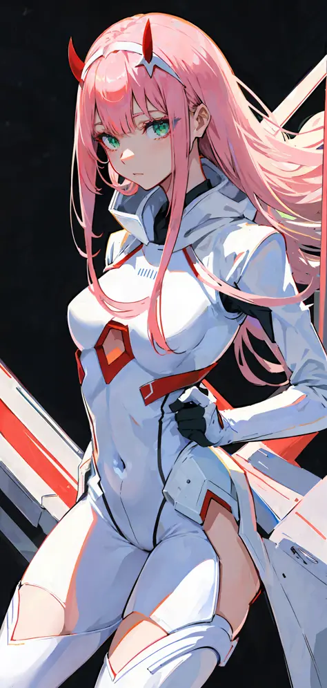 zero two \(darling in franxx\), darling in franxx, 1girl, bangs, bite, shadow, green eyes, hair behind head, horns, long hair, l...