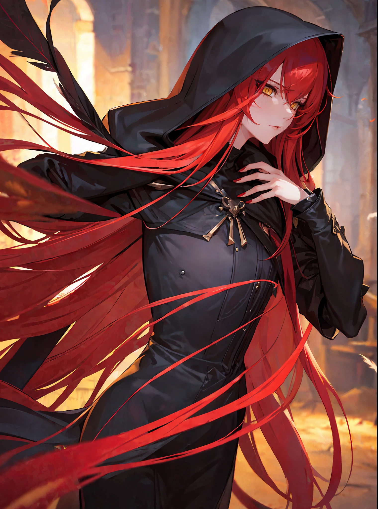 (masterpiece, best quality) an adult woman with very long red hair, ((walking through a village)), ((black feathers)), ((close-up)), neckline, ((hood)), black ribbons, red leather, (profile picture), black bows, bodysuit, cold look, queen, good anatomy, correct proportions, torn clothes, queen, yellow eyes, serious, mysterious appearance, blood, emotionless, straight bangs, very long red hair,  Evil, (Yellow Eyes), Gothic, Medium Chest, ((Chest to Head Show)), Cinematics, Color Oil Painting, Solo, Cinematic Lighting, Extremely Detailed Face, Finely Detailed Face, Beautiful Face, Beautiful Eyes, Perfect Lighting, Depth of Field, Realistic Proportions, Good Anatomy