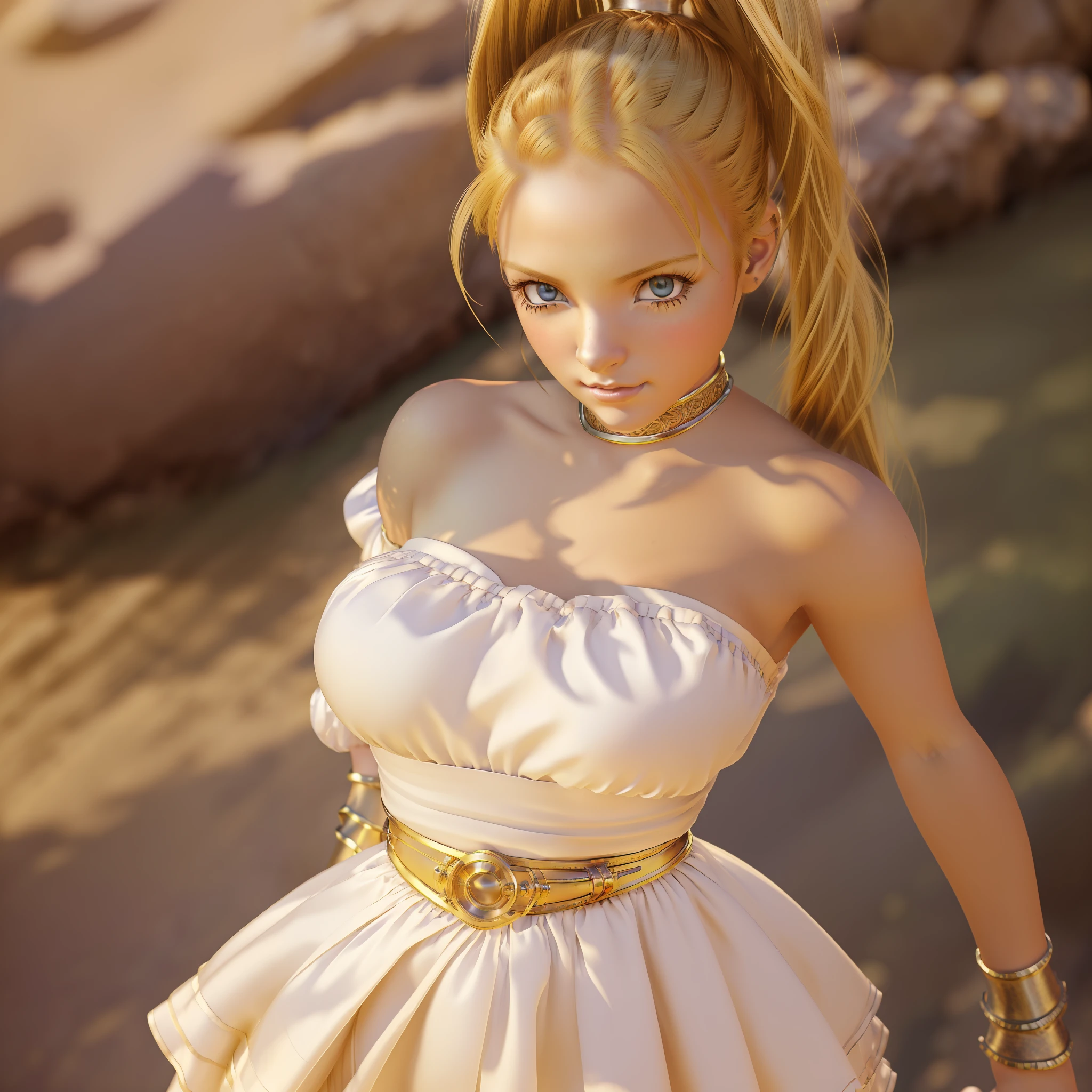 (extremely detailed CG unity 8k wallpaper,masterpiece, best quality, ultra-detailed, marle chrono trigger, beautiful detailed eyes:1.2),high saturation 1girl, princes\(marle chrono-trigger\), frilled dress, bare shoulders, blonde hair, twintails,