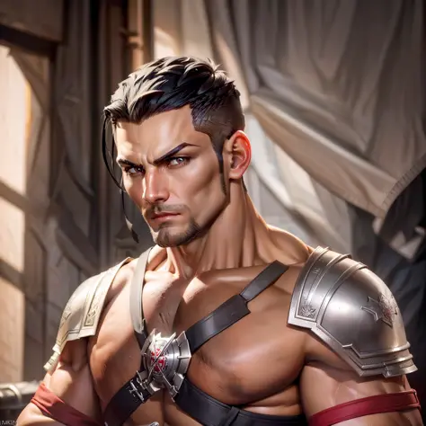 Create 1 man, Templar warrior, strong, muscular, young, handsome, short black hair shaved on the side(dark hair), straight face ...