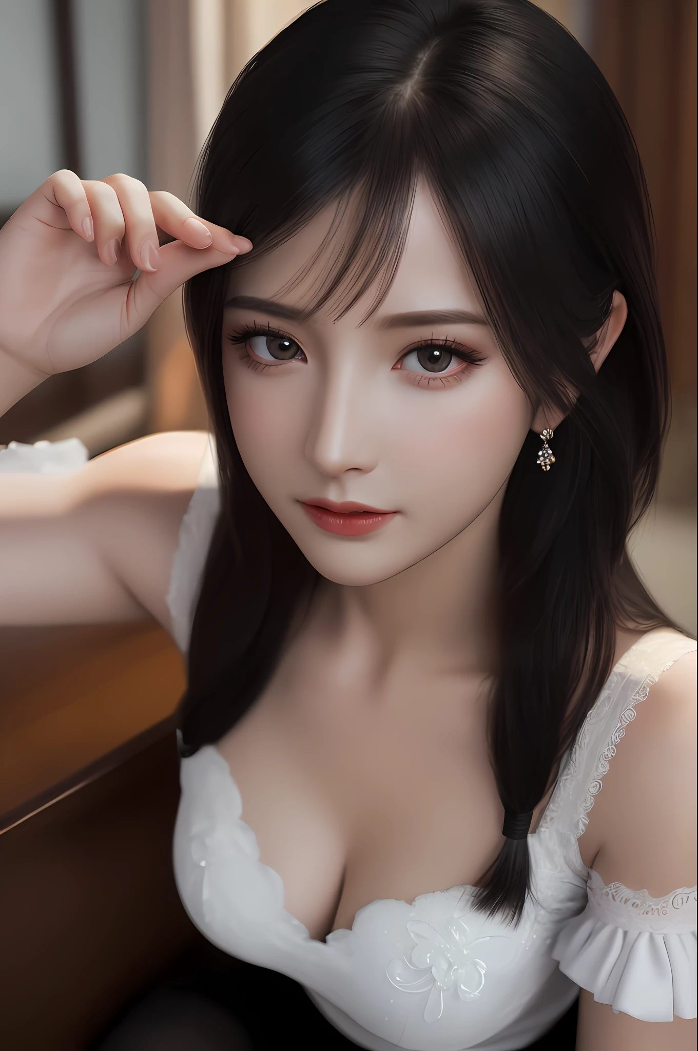 Very detailed eyes, very detailed face, very beautiful woman, best quality, super detailed (photorealistic), very delicate and beautiful legs, beautiful black eyes, absurdity, very detailed expression, professional illustration, FF tifa, most beautiful pose