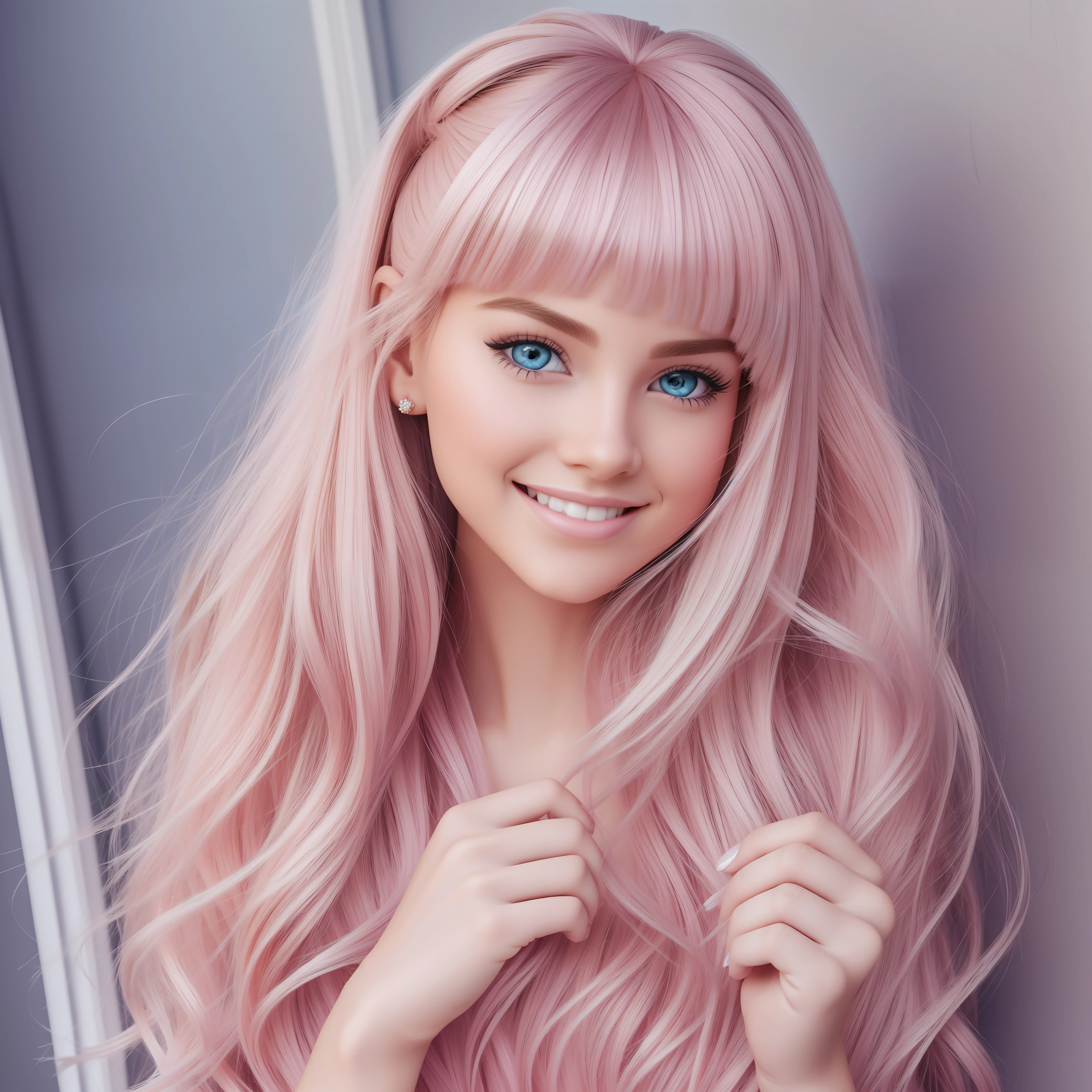 posed photo, pop, realistic, live action, very cute, beautiful smile, beautiful face, blush, well-groomed face, beautiful woman, beautiful blue eyes, bangs between the eyebrows, very cute, perfect anatomy, (blue eyes), fuzz peach skin, messy hair, light blonde hair, narrow waist, absurd, 8k resolution, human hands, highly detailed, smooth, stunning, teen, detailed hairstyle, pink clothes, barbie style. --auto --s2