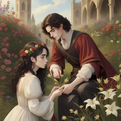 Lily Collins with curly black hair, in a faded red medieval dress, picking flowers in a garden; being observed by Prince Neels V...