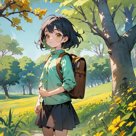 Prompt: An incredibly charming little girl carrying a backpack, accompanied by her adorable puppy, enjoying a lovely spring outing surrounded by beautiful yellow flowers and natural scenery. The illustration is in high definition at 4k resolution, with hig...