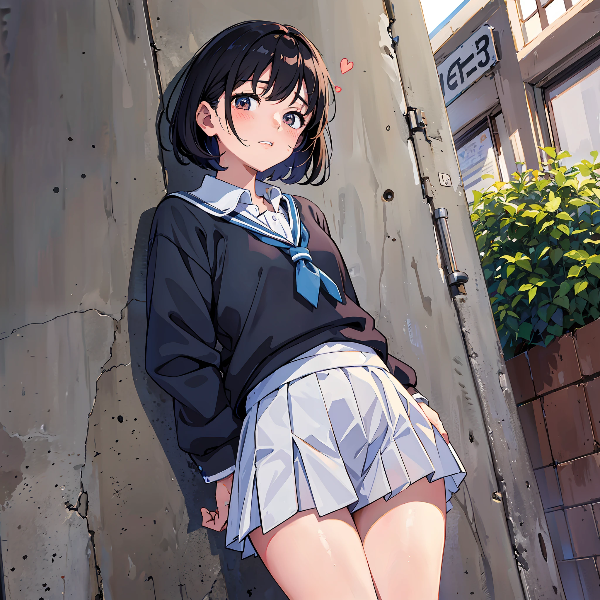 Little sister, cute bra, 8K, best quality, 16 years old, looking at camera, red cheeks, school uniform, embarrassed, delicate hands, home, love brother, black hair, short hair, eyes are heart mark, school uniform, high school student, showing off crotch, clear liquid leaking from crotch, legs open, hands on crotch, clenching teeth, ecstasy