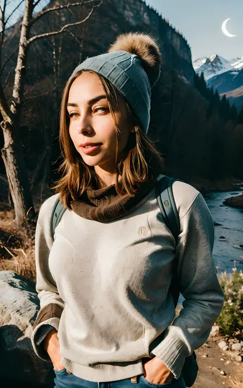1 woman ((riley reid, upper body selfie, happy)), masterpiece, best quality, ultra detailed, alone, outdoor, (night), mountains, nature, (stars, moon) cheerful, happy, backpack, sleeping bag, camping stove, water bottle, hiking boots, gloves, sweater, hat,...