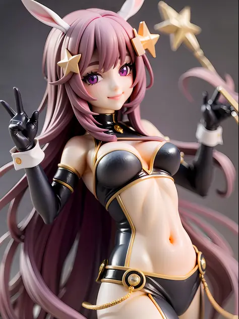 girl, idol costume, dark purple hair, straight long hair, star-shaped marks in the eyes, poor gloves, rabbit face hair ornament, smile, bangs flowing to the side, cheerful, on stage,