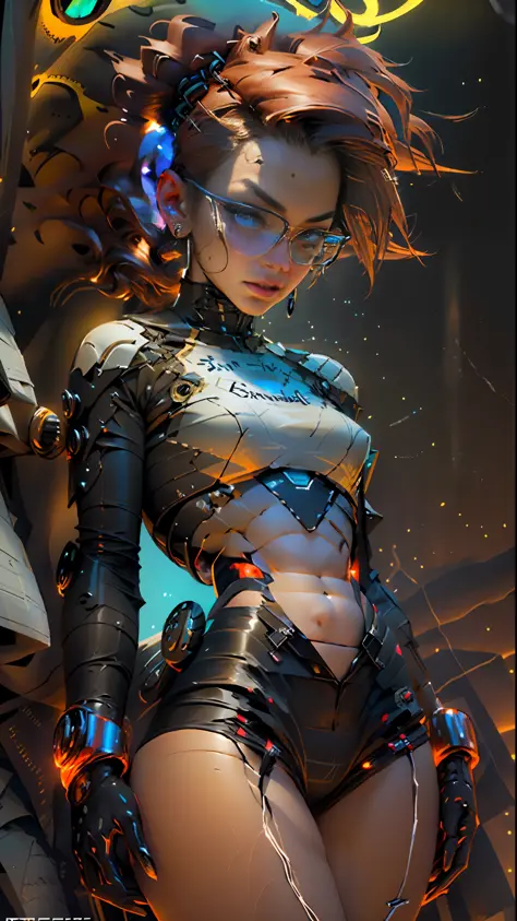Extremely detailed CG rendering of a cybernetic woman with thick thighs and cybernetic body parts. Wearing short underwear, her form is sleek and powerful. highly detailed beautiful, intricate, beautiful eyes, vibrant colours, unreal engine, HD,4k, hyperre...