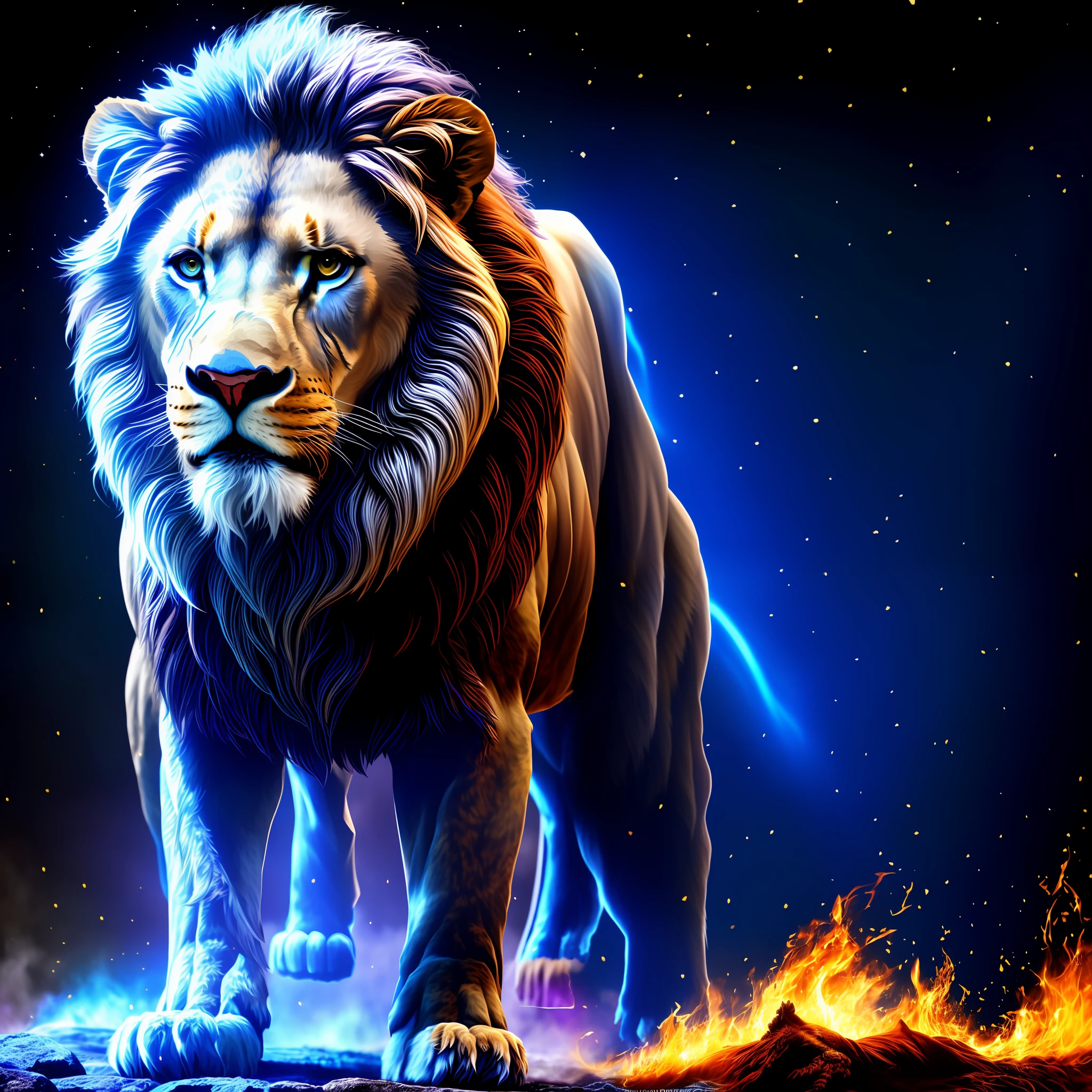 painting of a lion with a blue mane and a black mane, roaring blue lion. majestic, aslan the lion, lion, 2 d full body lion, king of the jungle, digital art animal photo, lion warrior, lion body, with the mane of a lion, half lion, lord of the jungle, fire lion, amazing wallpaper, lions, beautiful digital artwork